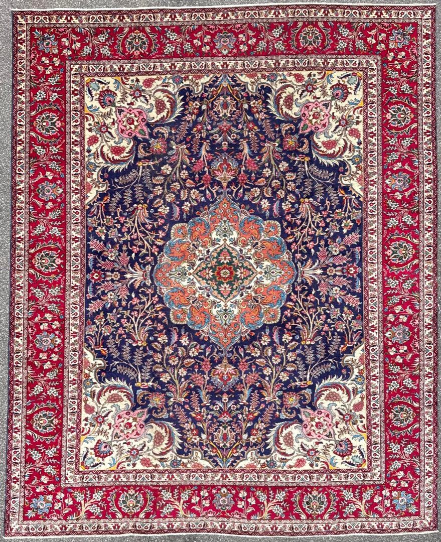 ELEGANT VINTAGE, PERSIAN TABRIZ HAND KNOTTED RUG, ROYAL BLUE FIELD, FLORAL MEDALLION, 9.6 X 12.0