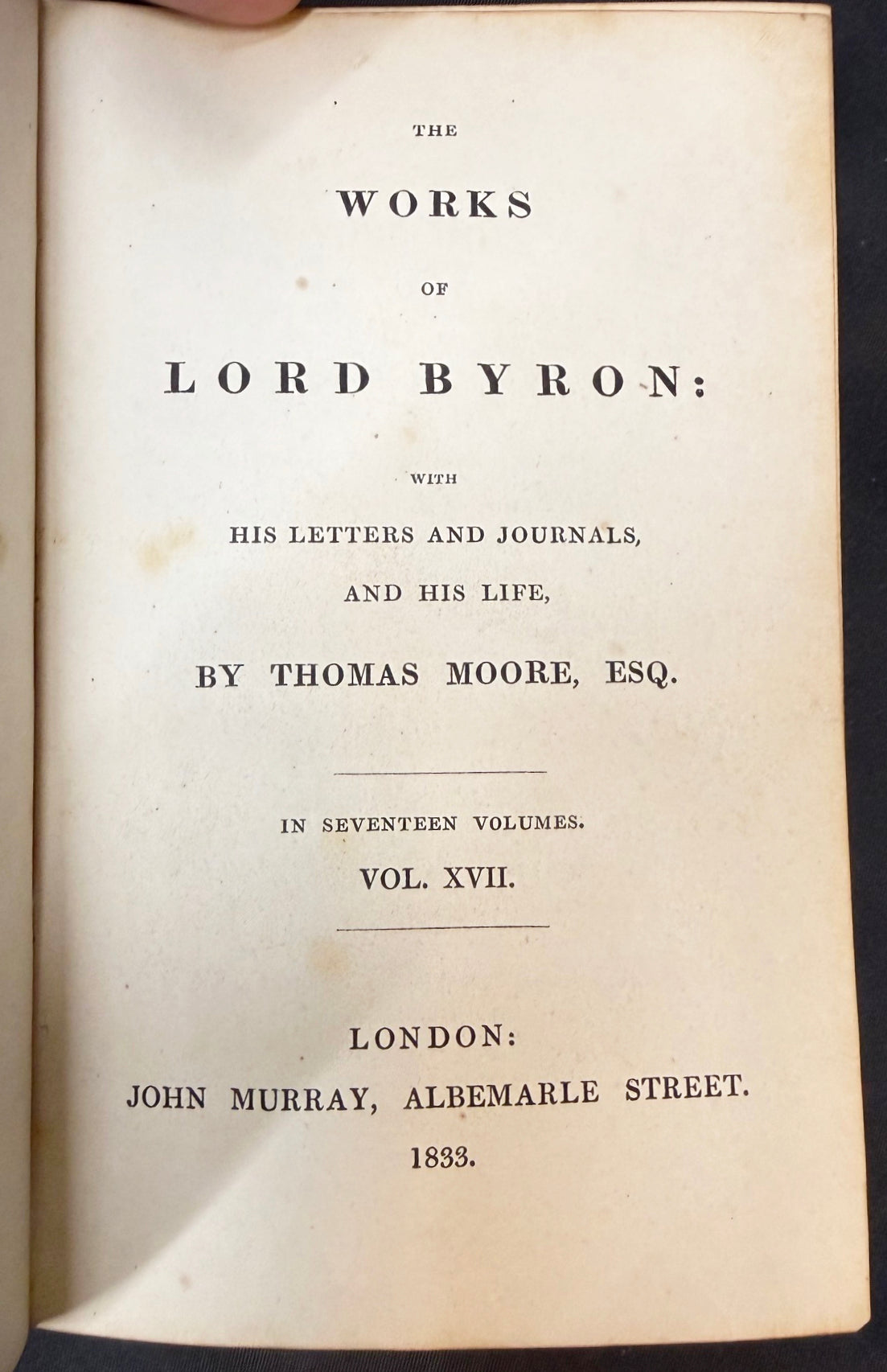 ANTIQUE 1833 LORD BYRON'S WORKS, FINE LEATHER BINDINGS, GILT DECORATION, ENGRAVED PLATES, 12 VOLUMES