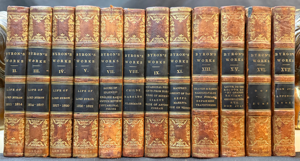 ANTIQUE 1833 LORD BYRON'S WORKS, FINE LEATHER BINDINGS, GILT DECORATION, ENGRAVED PLATES, 12 VOLUMES