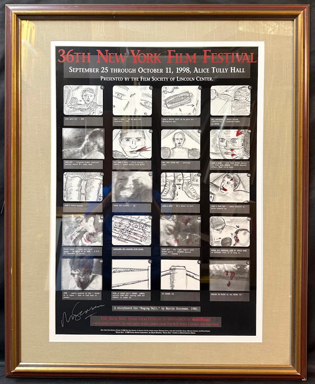MARTIN SCORSESE HAND SIGNED, 1998 NEW YORK FILM FESTIVAL POSTER WITH RAGING BULL STORYBOARDS WITH COA, 28IN x 34.5IN (71cm x 88cm)