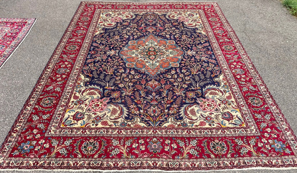 ELEGANT VINTAGE, PERSIAN TABRIZ HAND KNOTTED RUG, ROYAL BLUE FIELD, FLORAL MEDALLION, 9.6 X 12.0