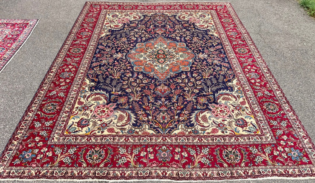 ELEGANT VINTAGE, PERSIAN TABRIZ HAND KNOTTED RUG, ROYAL BLUE FIELD, FLORAL MEDALLION, 9.6 X 12.0