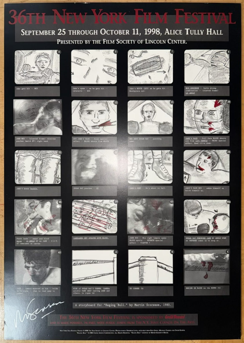 MARTIN SCORSESE HAND SIGNED, 1998 NEW YORK FILM FESTIVAL POSTER WITH RAGING BULL STORYBOARDS WITH COA, 28IN x 34.5IN (71cm x 88cm)