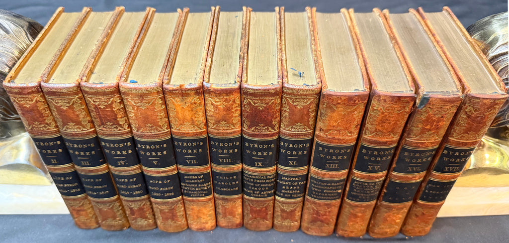 ANTIQUE 1833 LORD BYRON'S WORKS, FINE LEATHER BINDINGS, GILT DECORATION, ENGRAVED PLATES, 12 VOLUMES
