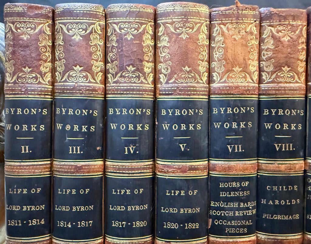 ANTIQUE 1833 LORD BYRON'S WORKS, FINE LEATHER BINDINGS, GILT DECORATION, ENGRAVED PLATES, 12 VOLUMES