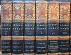 ANTIQUE 1833 LORD BYRON'S WORKS, FINE LEATHER BINDINGS, GILT DECORATION, ENGRAVED PLATES, 12 VOLUMES