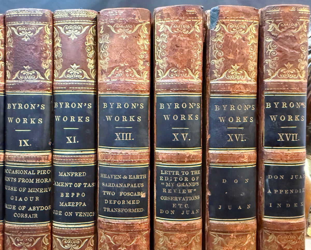 ANTIQUE 1833 LORD BYRON'S WORKS, FINE LEATHER BINDINGS, GILT DECORATION, ENGRAVED PLATES, 12 VOLUMES