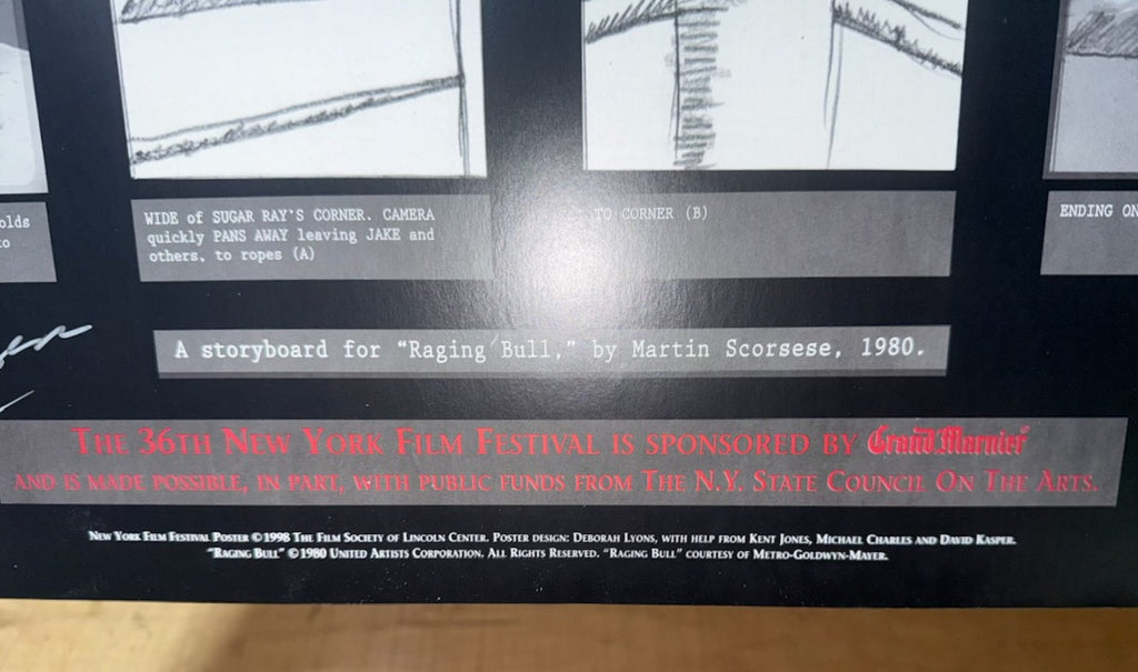 MARTIN SCORSESE HAND SIGNED, 1998 NEW YORK FILM FESTIVAL POSTER WITH RAGING BULL STORYBOARDS WITH COA, 28IN x 34.5IN (71cm x 88cm)