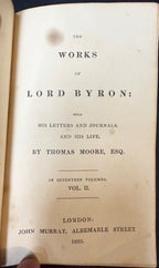 ANTIQUE 1833 LORD BYRON'S WORKS, FINE LEATHER BINDINGS, GILT DECORATION, ENGRAVED PLATES, 12 VOLUMES