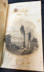 ANTIQUE 1833 LORD BYRON'S WORKS, FINE LEATHER BINDINGS, GILT DECORATION, ENGRAVED PLATES, 12 VOLUMES