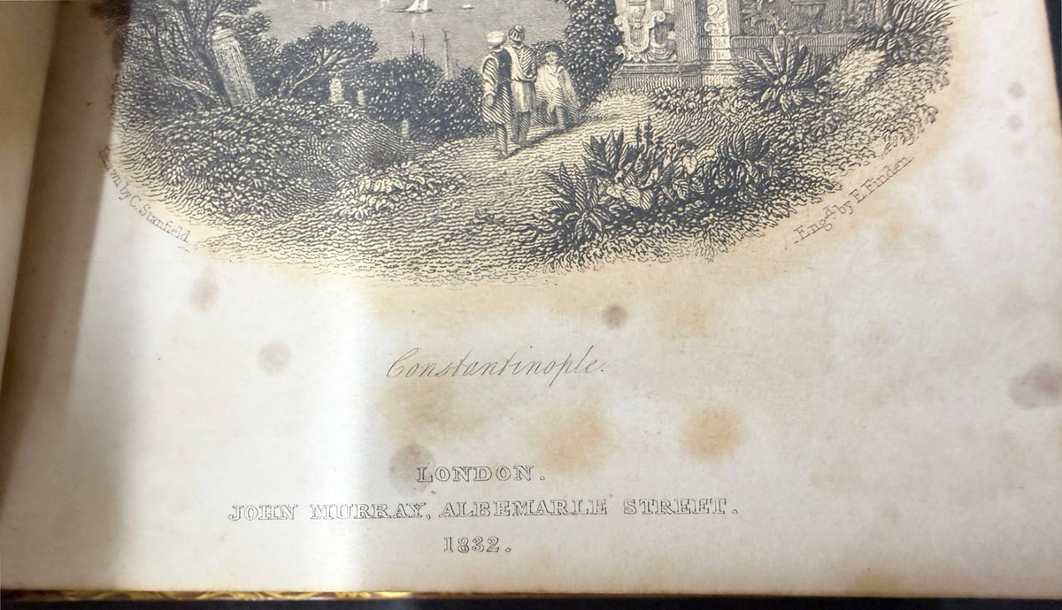 ANTIQUE 1833 LORD BYRON'S WORKS, FINE LEATHER BINDINGS, GILT DECORATION, ENGRAVED PLATES, 12 VOLUMES