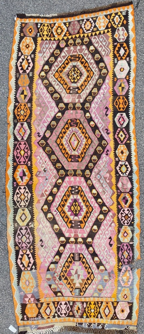 VINTAGE SIGNED, QASHQAI KILIM HAND KNOTTED RUNNER, DISTRESSED, 5.6 x 13.9 (168cm x 419cm)