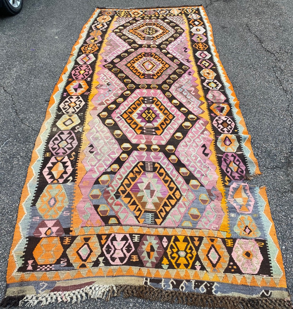 VINTAGE SIGNED, QASHQAI KILIM HAND KNOTTED RUNNER, DISTRESSED, 5.6 x 13.9 (168cm x 419cm)