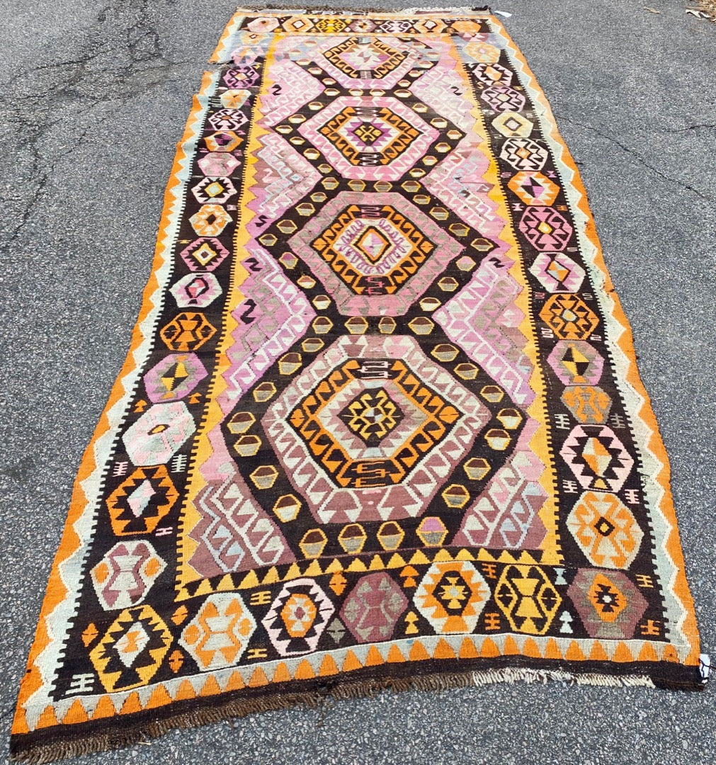 VINTAGE SIGNED, QASHQAI KILIM HAND KNOTTED RUNNER, DISTRESSED, 5.6 x 13.9 (168cm x 419cm)