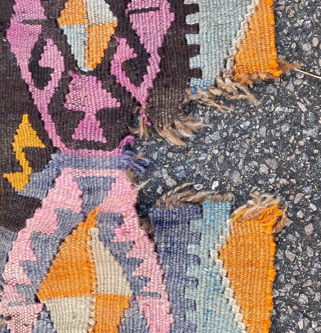 VINTAGE SIGNED, QASHQAI KILIM HAND KNOTTED RUNNER, DISTRESSED, 5.6 x 13.9 (168cm x 419cm)