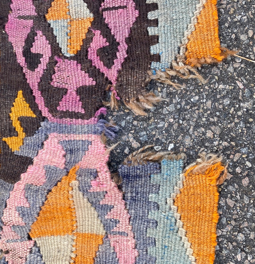 VINTAGE SIGNED, QASHQAI KILIM HAND KNOTTED RUNNER, DISTRESSED, 5.6 x 13.9 (168cm x 419cm)