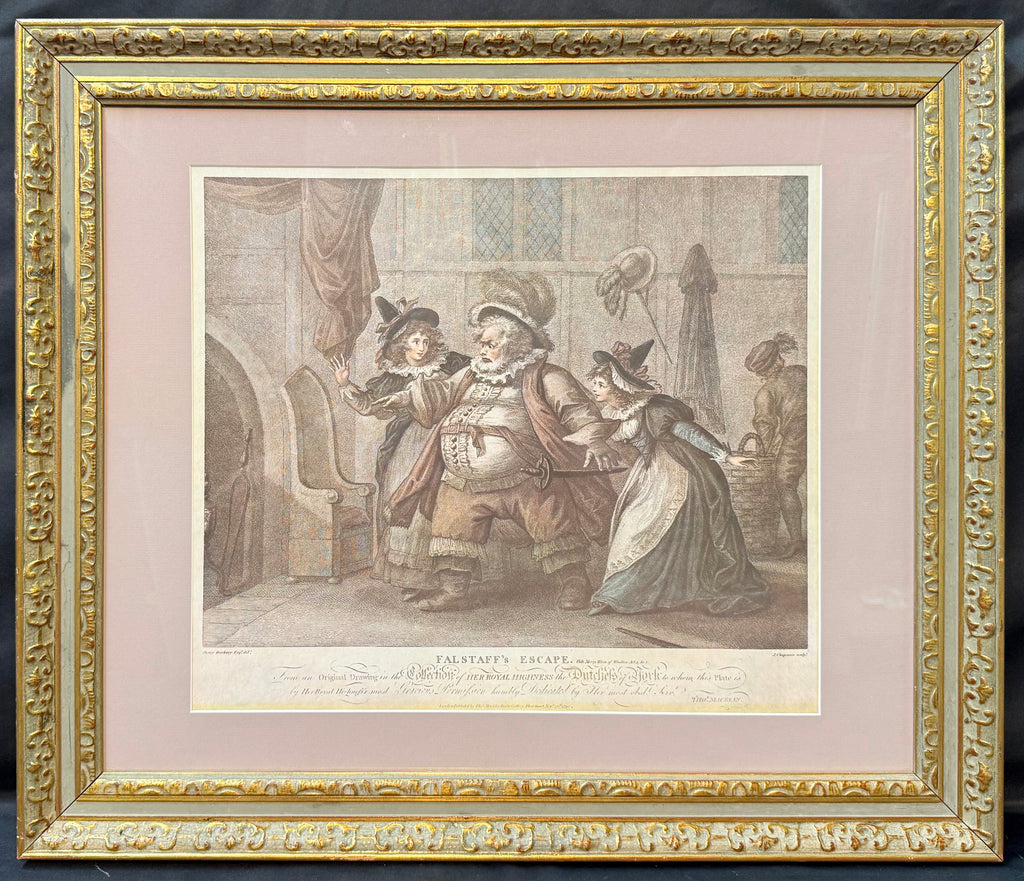 1792 HENRY WILLIAM BUNBURY, JOHN CHAPMAN FALSTAFF’S ESCAPE, HAND-COLORED SHAKESPEARE ENGRAVING, 24IN x 28IN (61cm x 71cm)