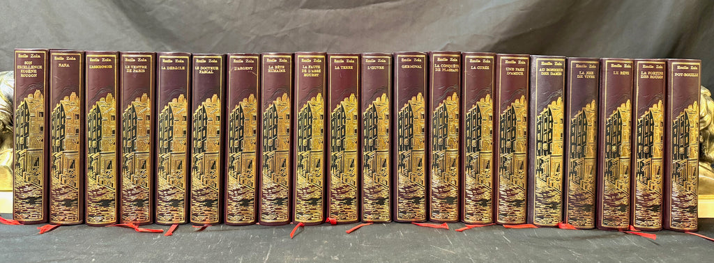 EMILE ZOLA LES ROUGON-MACQUART, COMPLETE 20 VOL. LEATHER SET, JEAN DE BONNOT PARIS, FROM ESTATE OF WHITE HOUSE CHEF PIERRE CHAMBRIN WITH COA, 1983