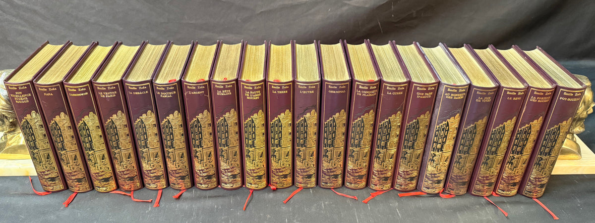 EMILE ZOLA LES ROUGON-MACQUART, COMPLETE 20 VOL. LEATHER SET, JEAN DE BONNOT PARIS, FROM ESTATE OF WHITE HOUSE CHEF PIERRE CHAMBRIN WITH COA, 1983