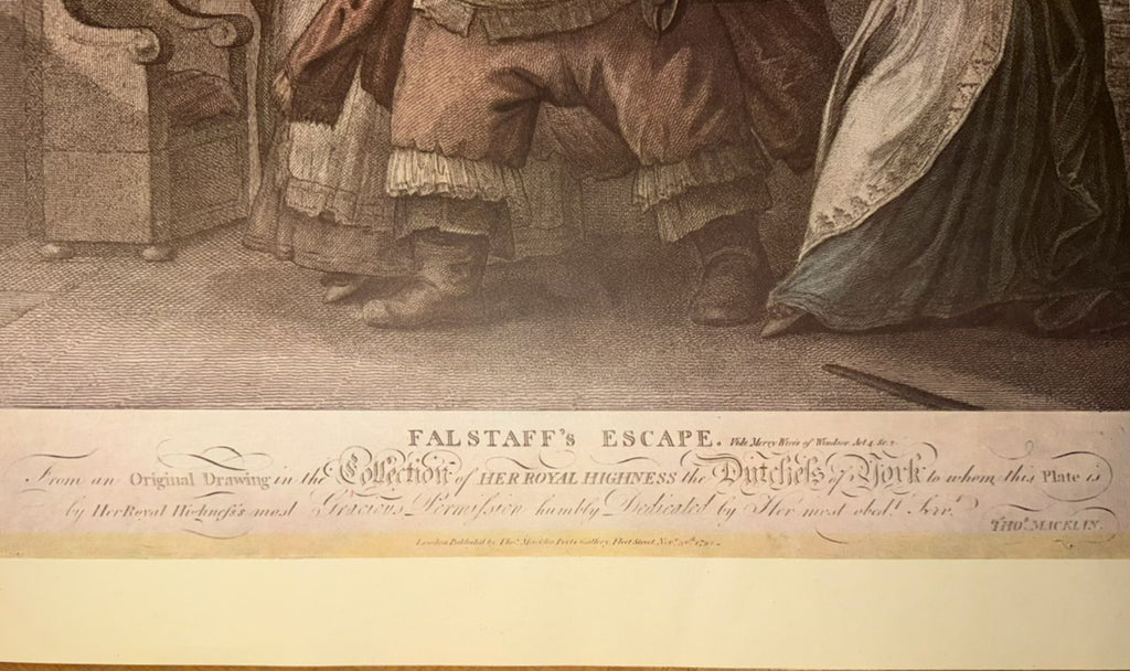 1792 HENRY WILLIAM BUNBURY, JOHN CHAPMAN FALSTAFF’S ESCAPE, HAND-COLORED SHAKESPEARE ENGRAVING, 24IN x 28IN (61cm x 71cm)