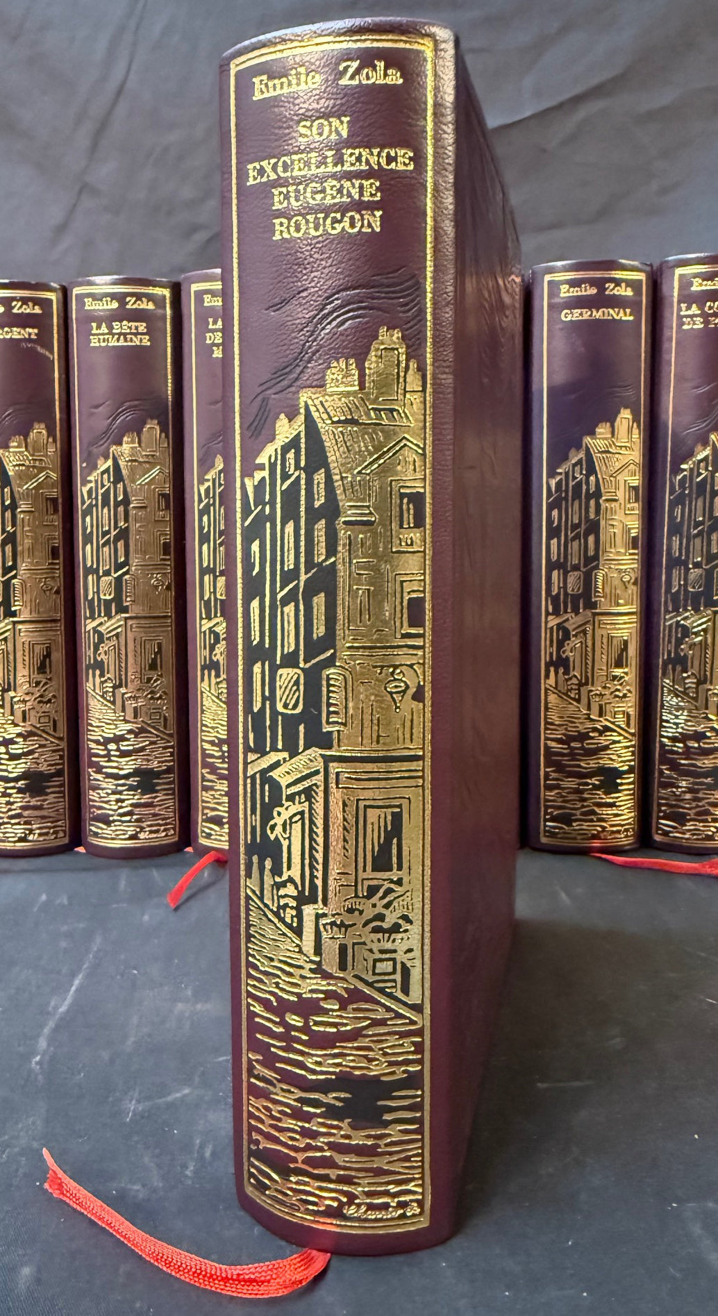 EMILE ZOLA LES ROUGON-MACQUART, COMPLETE 20 VOL. LEATHER SET, JEAN DE BONNOT PARIS, FROM ESTATE OF WHITE HOUSE CHEF PIERRE CHAMBRIN WITH COA, 1983
