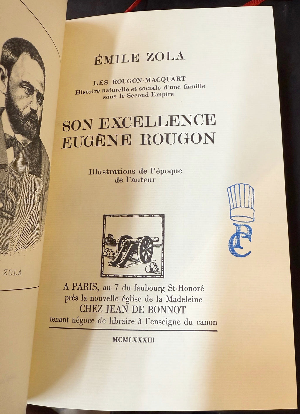 EMILE ZOLA LES ROUGON-MACQUART, COMPLETE 20 VOL. LEATHER SET, JEAN DE BONNOT PARIS, FROM ESTATE OF WHITE HOUSE CHEF PIERRE CHAMBRIN WITH COA, 1983