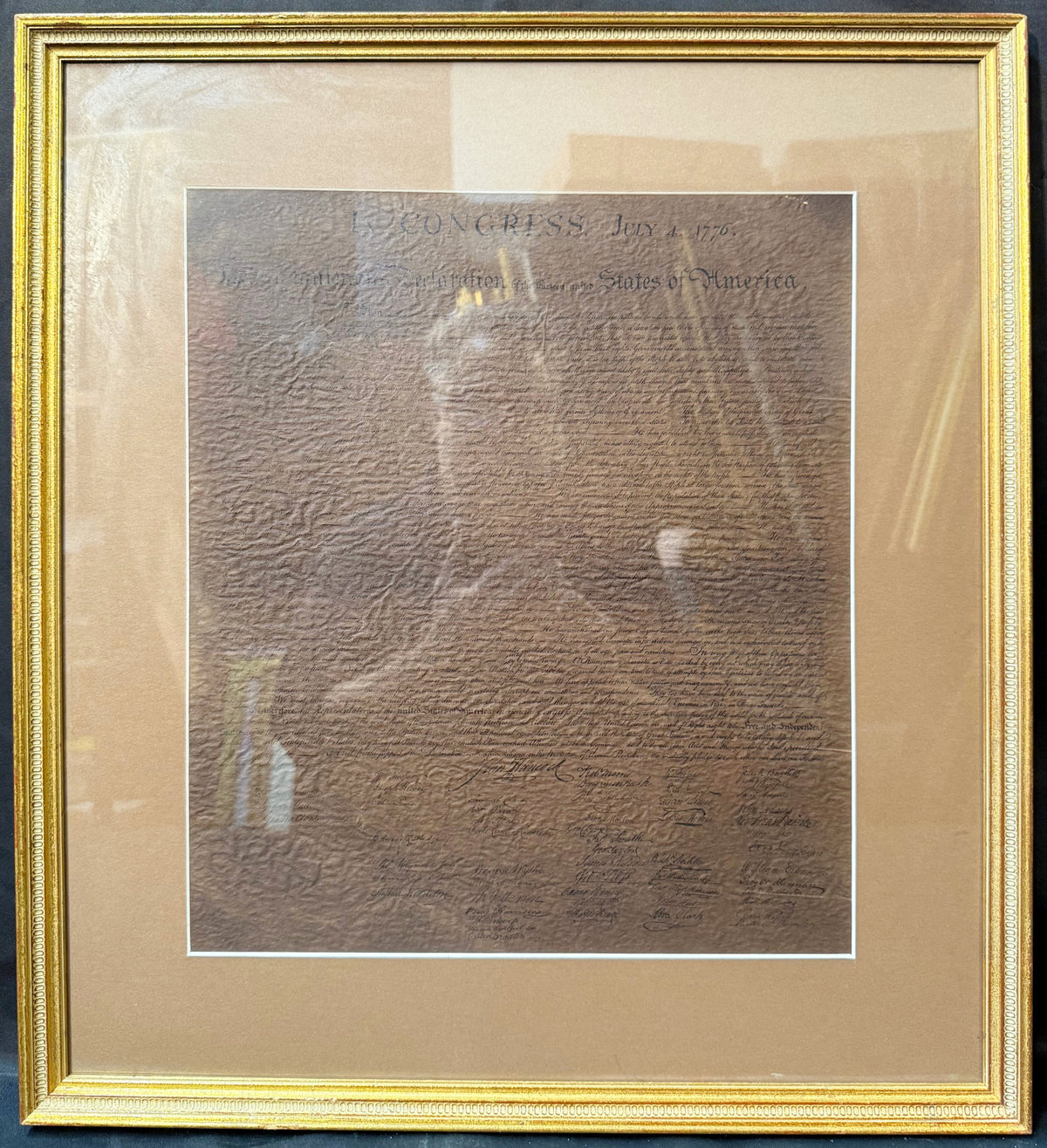 POSSIBLE CENTENNIAL-ERA DECLARATION OF INDEPENDENCE FACSIMILE ON TEXTURED PARCHMENT, CIRCA 1876 STYLE, 19.5IN x 21IN (50cm x 53cm)