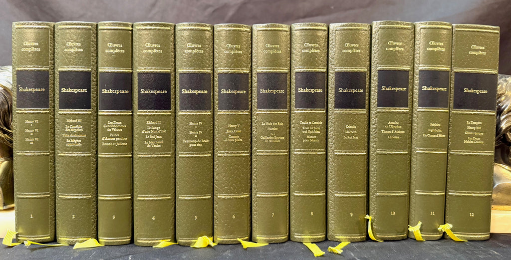 SHAKESPEARE COMPLETE WORKS, 12 VOL. FRENCH LEATHER SET, PIERRE CHAMBRIN WHITE HOUSE CHEF LIBRARY WITH COA