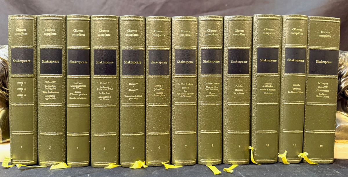 SHAKESPEARE COMPLETE WORKS, 12 VOL. FRENCH LEATHER SET, PIERRE CHAMBRIN WHITE HOUSE CHEF LIBRARY WITH COA
