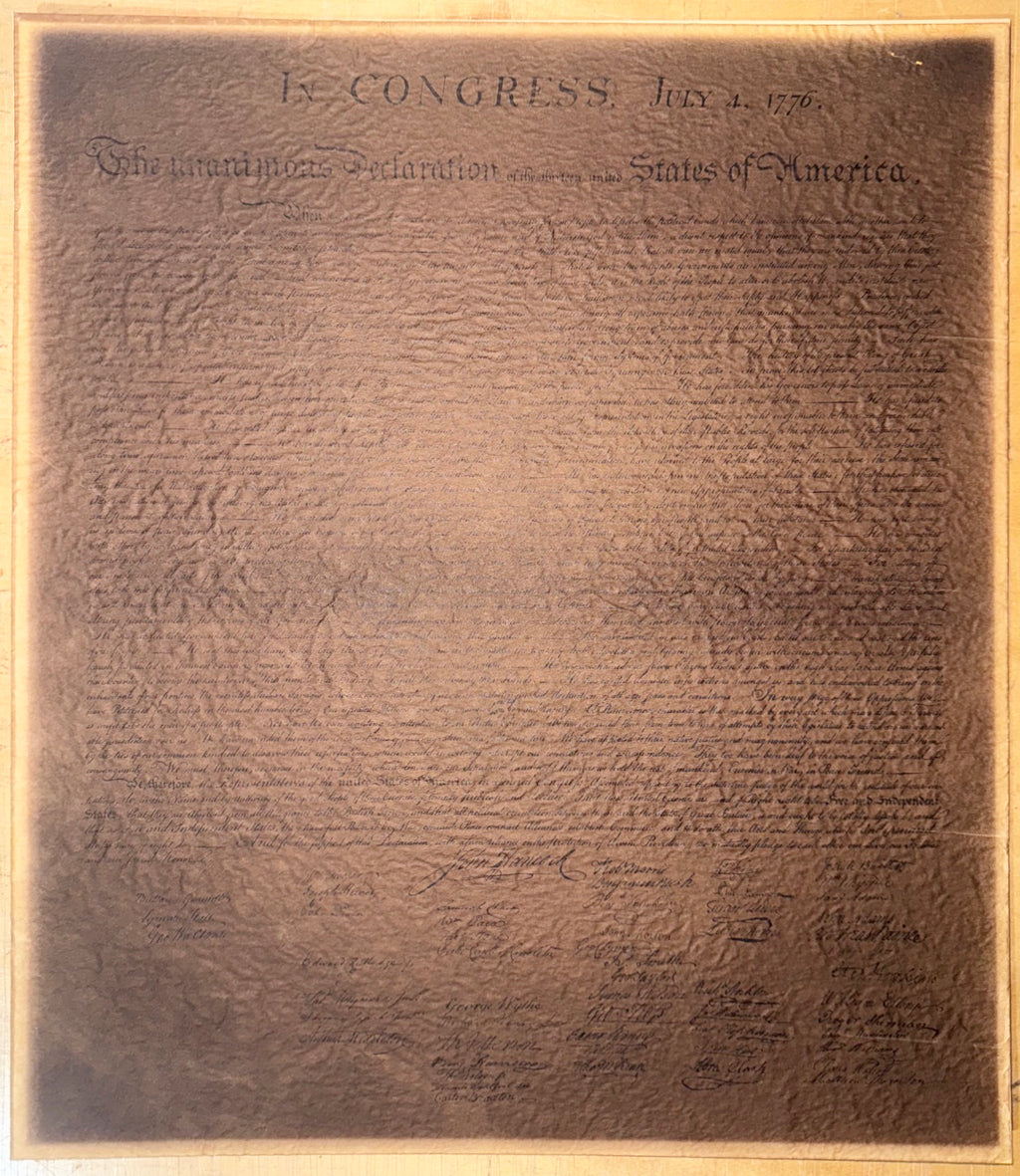 POSSIBLE CENTENNIAL-ERA DECLARATION OF INDEPENDENCE FACSIMILE ON TEXTURED PARCHMENT, CIRCA 1876 STYLE, 19.5IN x 21IN (50cm x 53cm)