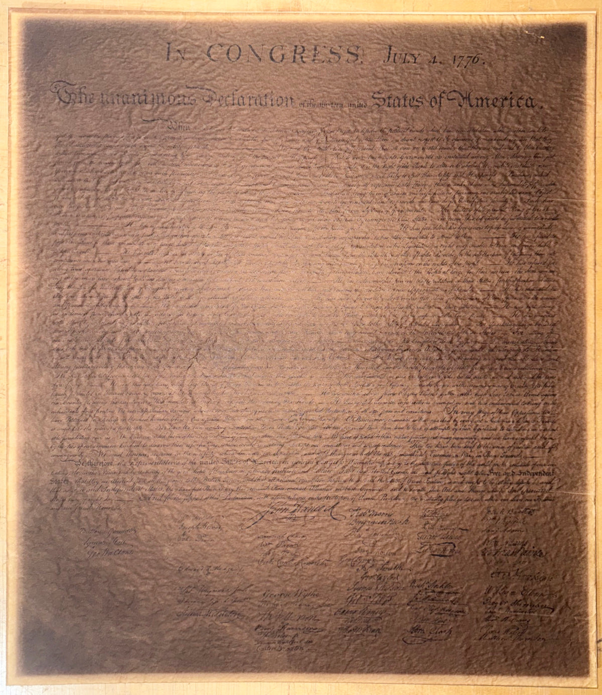 POSSIBLE CENTENNIAL-ERA DECLARATION OF INDEPENDENCE FACSIMILE ON TEXTURED PARCHMENT, CIRCA 1876 STYLE, 19.5IN x 21IN (50cm x 53cm)