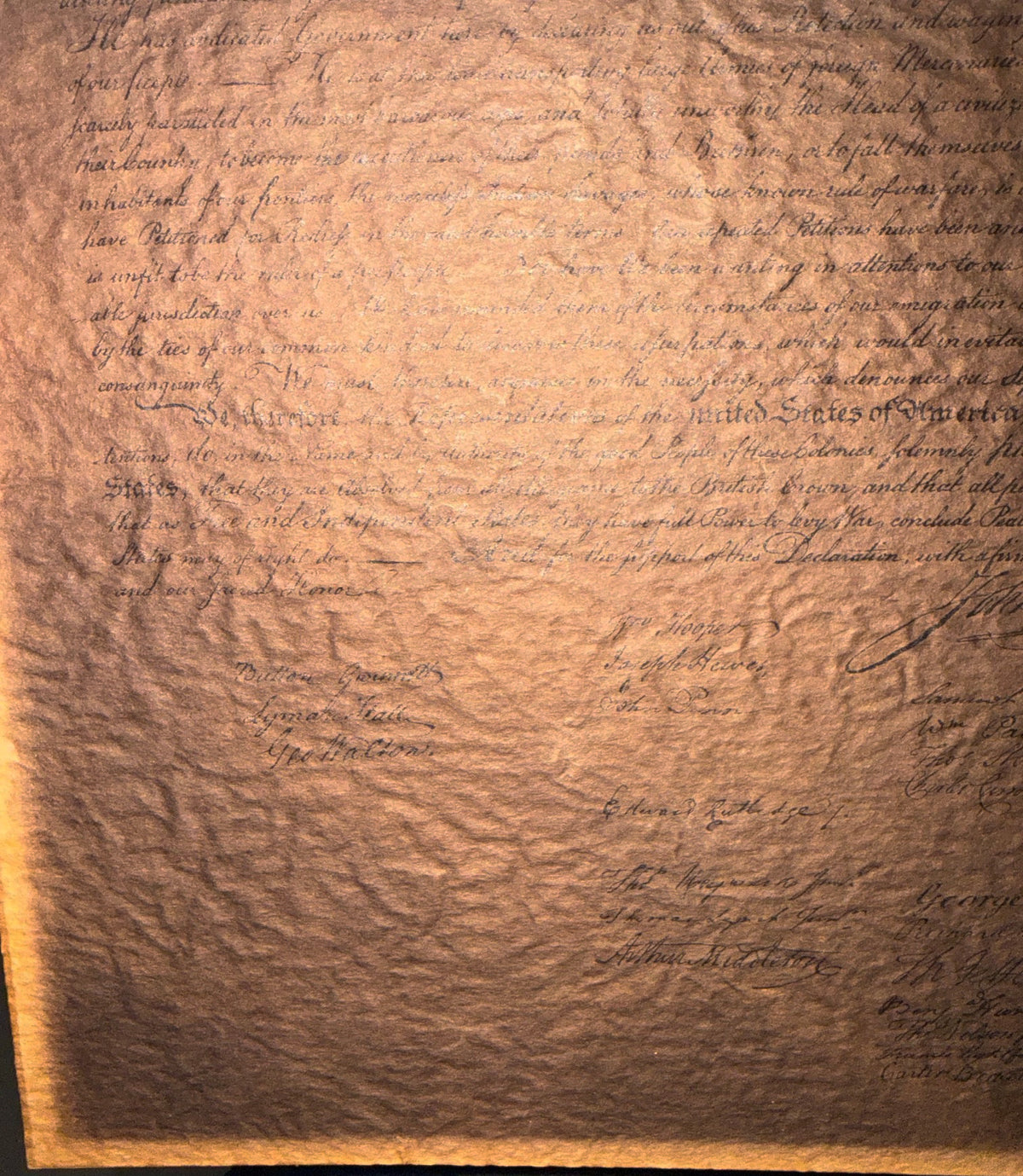 POSSIBLE CENTENNIAL-ERA DECLARATION OF INDEPENDENCE FACSIMILE ON TEXTURED PARCHMENT, CIRCA 1876 STYLE, 19.5IN x 21IN (50cm x 53cm)