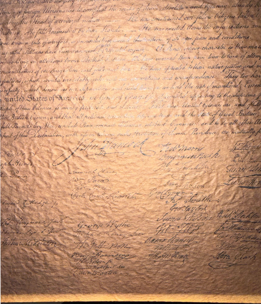 POSSIBLE CENTENNIAL-ERA DECLARATION OF INDEPENDENCE FACSIMILE ON TEXTURED PARCHMENT, CIRCA 1876 STYLE, 19.5IN x 21IN (50cm x 53cm)