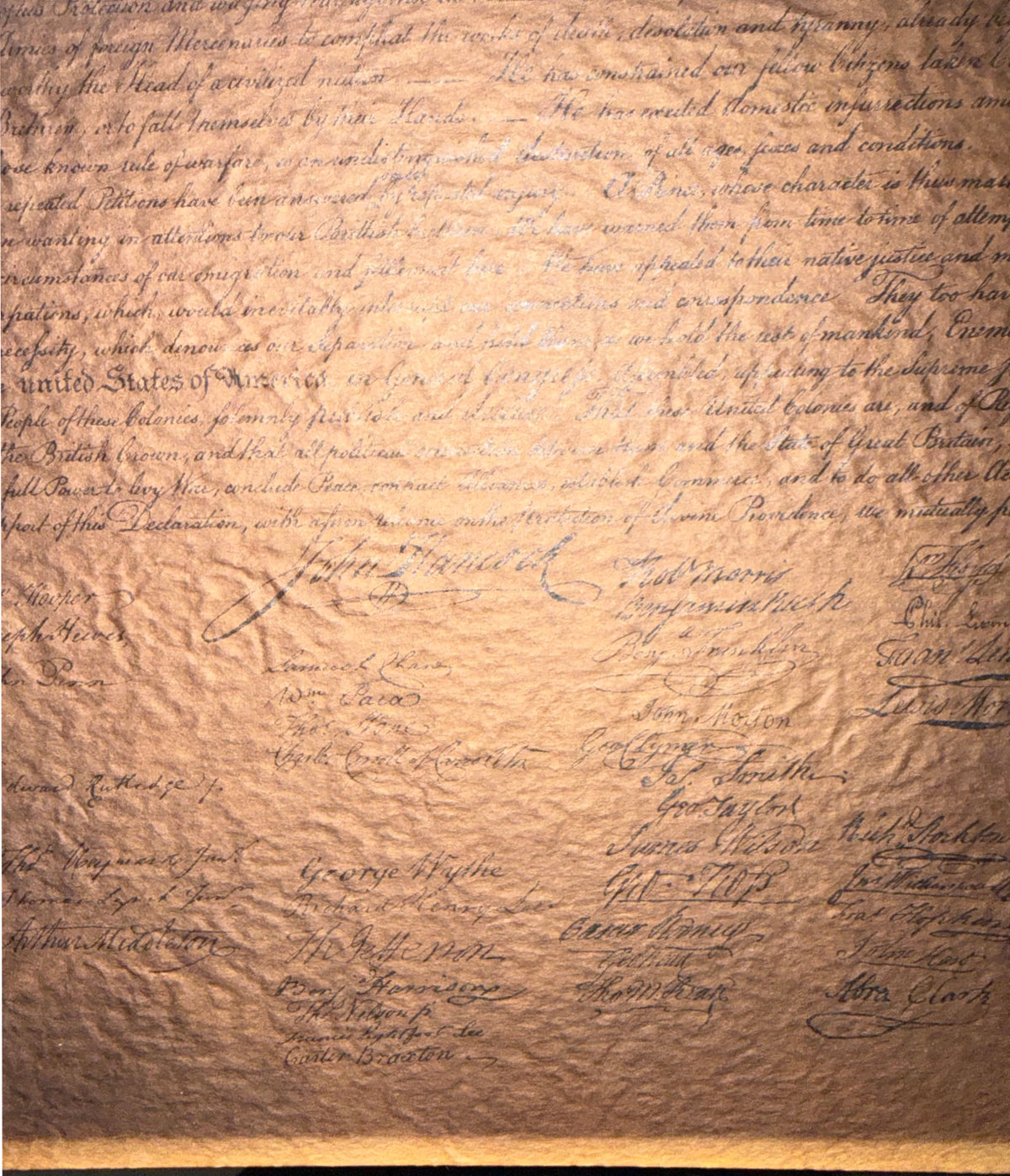 POSSIBLE CENTENNIAL-ERA DECLARATION OF INDEPENDENCE FACSIMILE ON TEXTURED PARCHMENT, CIRCA 1876 STYLE, 19.5IN x 21IN (50cm x 53cm)