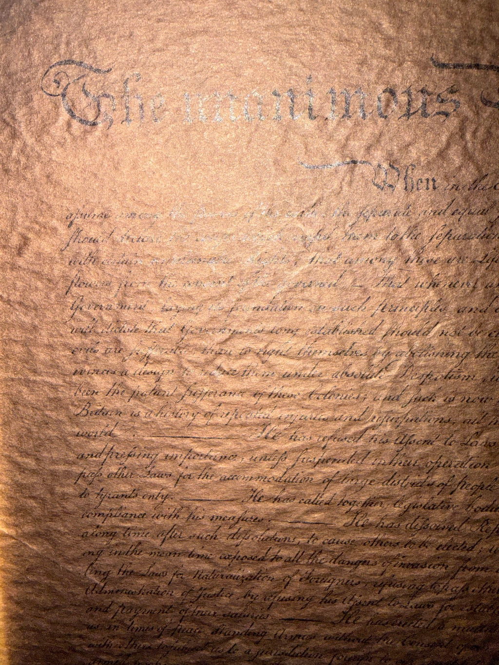 POSSIBLE CENTENNIAL-ERA DECLARATION OF INDEPENDENCE FACSIMILE ON TEXTURED PARCHMENT, CIRCA 1876 STYLE, 19.5IN x 21IN (50cm x 53cm)