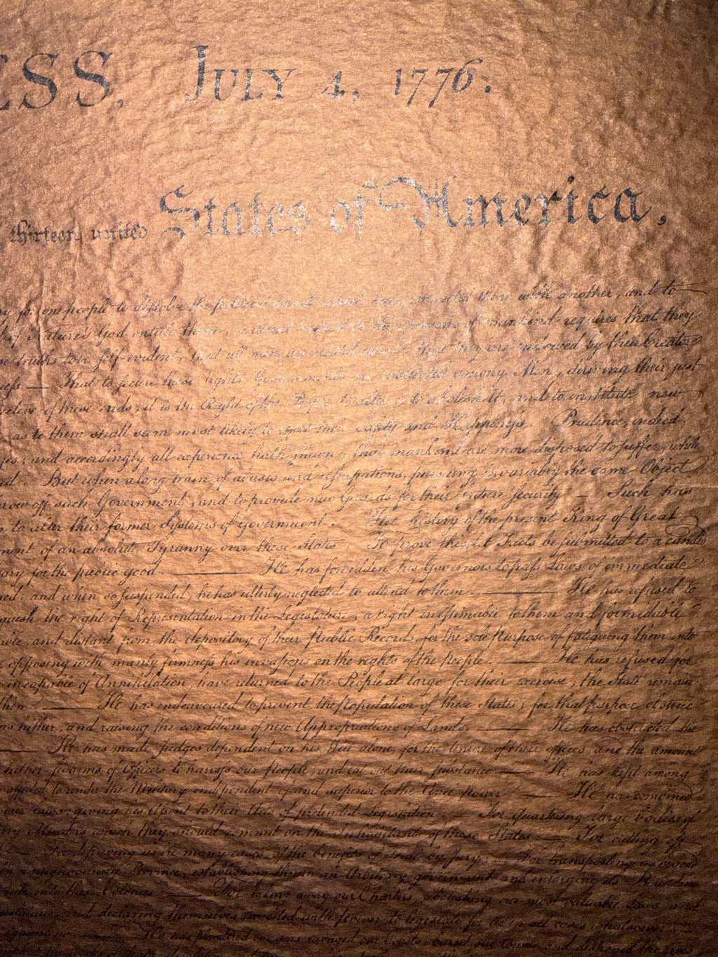 POSSIBLE CENTENNIAL-ERA DECLARATION OF INDEPENDENCE FACSIMILE ON TEXTURED PARCHMENT, CIRCA 1876 STYLE, 19.5IN x 21IN (50cm x 53cm)