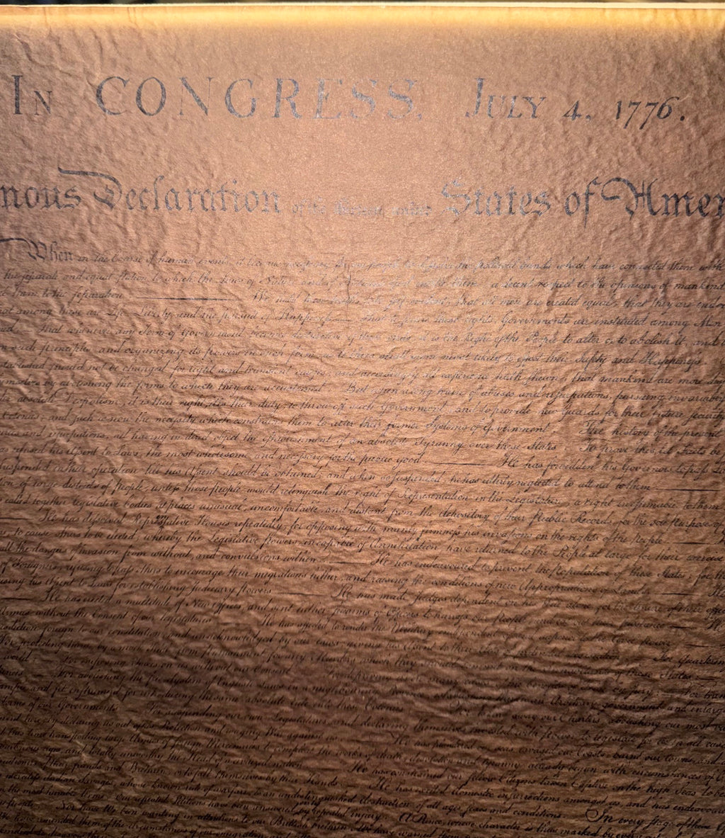 POSSIBLE CENTENNIAL-ERA DECLARATION OF INDEPENDENCE FACSIMILE ON TEXTURED PARCHMENT, CIRCA 1876 STYLE, 19.5IN x 21IN (50cm x 53cm)