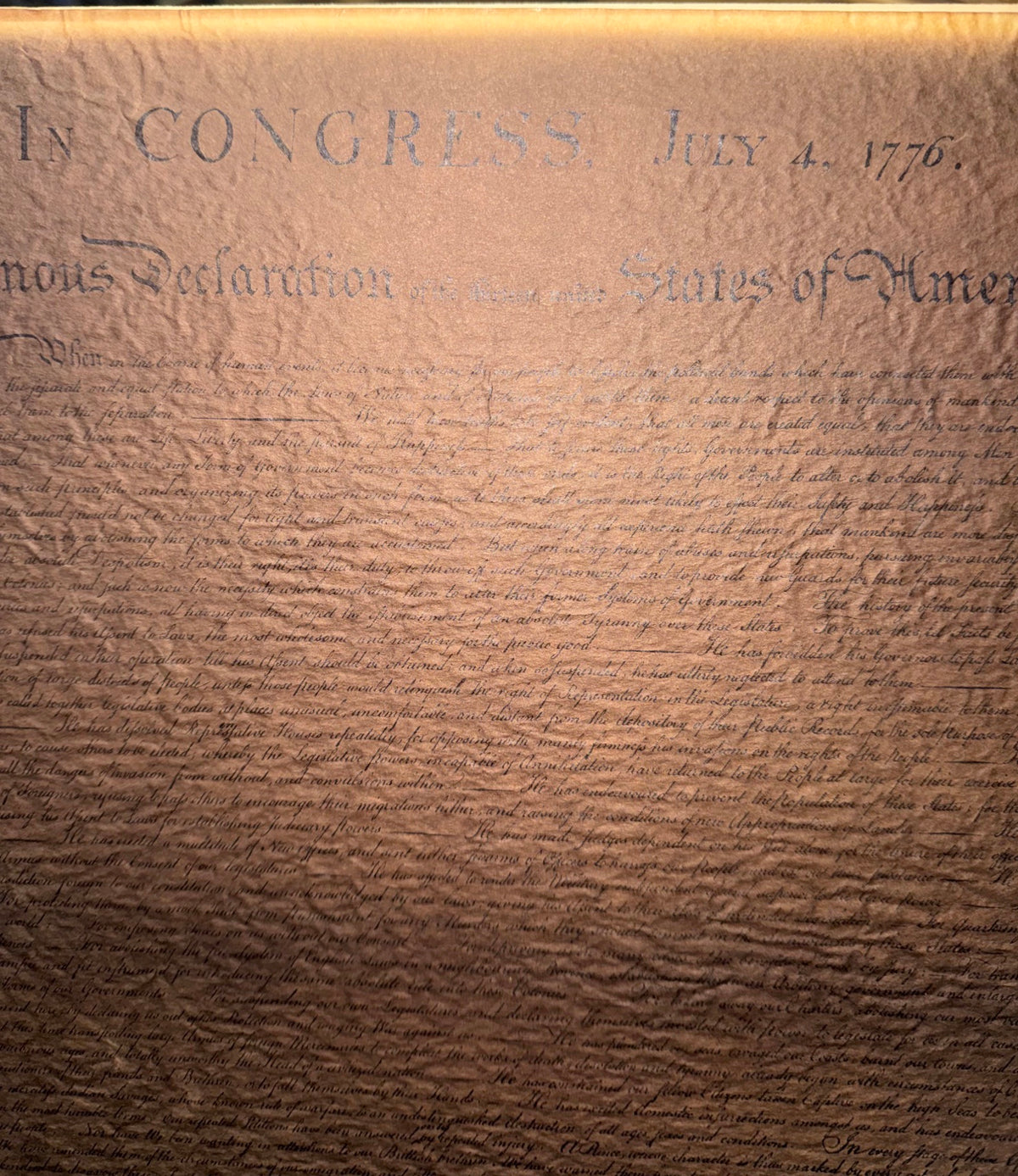 POSSIBLE CENTENNIAL-ERA DECLARATION OF INDEPENDENCE FACSIMILE ON TEXTURED PARCHMENT, CIRCA 1876 STYLE, 19.5IN x 21IN (50cm x 53cm)