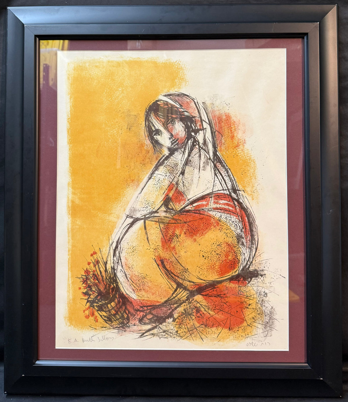 RUTH SCHLOSS (1922–2013) SIGNED E.A. ARTIST’S PROOF COLOR LITHOGRAPH OF A SEATED WOMAN, 25IN x 29IN (64cm x 74cm)