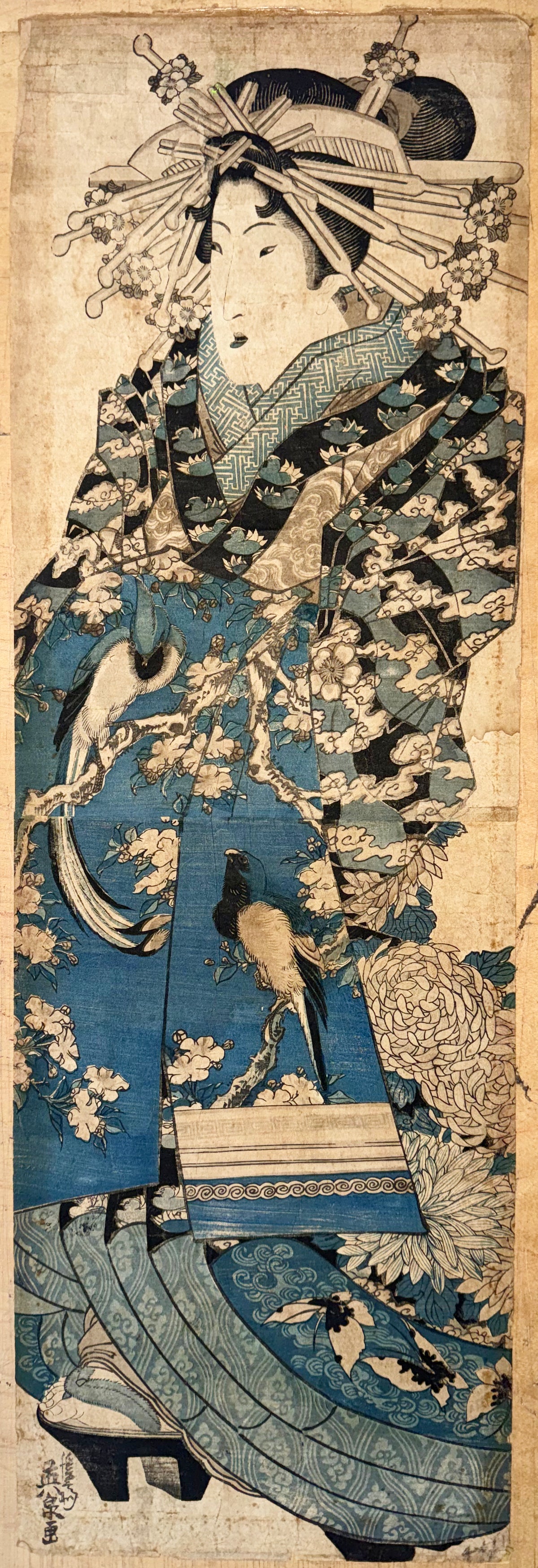 RARE ORIGINAL KEISAI EISEN (1790–1848) EDO PERIOD UKIYO-E WOODBLOCK PRINT, VERTICAL DIPTYCH (KAKEMONO-E) WITH COA, 18IN x 36IN (46cm x 91cm)