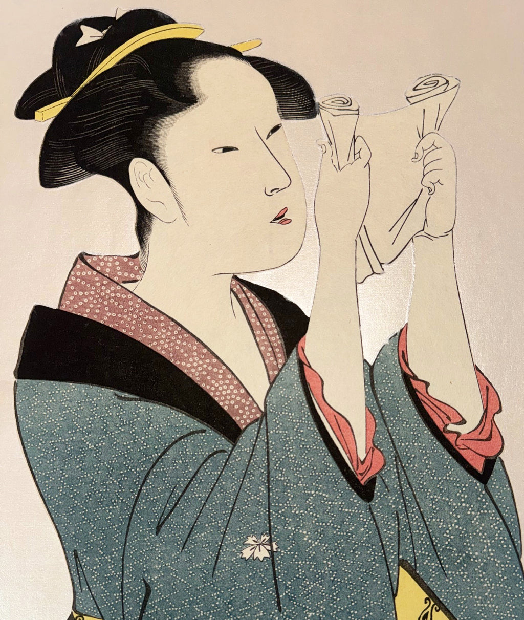 KITAGAWA UTAMARO (1753-1806) BIJIN-GA WOODBLOCK PRINT AFTER THE EDO PERIOD MASTER, 22IN x 26IN (56cm x 66cm)