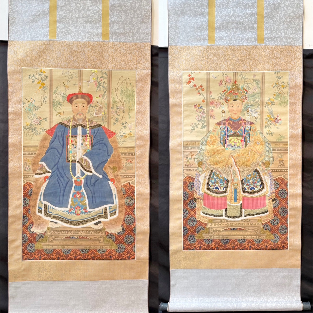 PAIR OF CHINESE QING STYLE ANCESTOR PORTRAIT HANGING SCROLLS, EARLY 1900s, 25IN x 64IN (64cm x 163cm) EACH