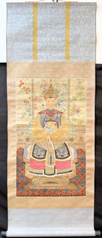 PAIR OF CHINESE QING STYLE ANCESTOR PORTRAIT HANGING SCROLLS, EARLY 1900s, 25IN x 64IN (64cm x 163cm) EACH