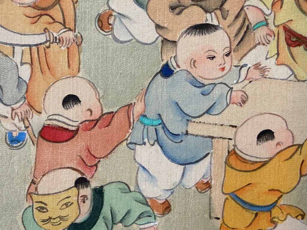 CHINESE ONE HUNDRED BOYS HANGING SCROLL ON SILK, 20TH CENTURY WITH BOX, 30IN x 78IN (76cm x 198cm)