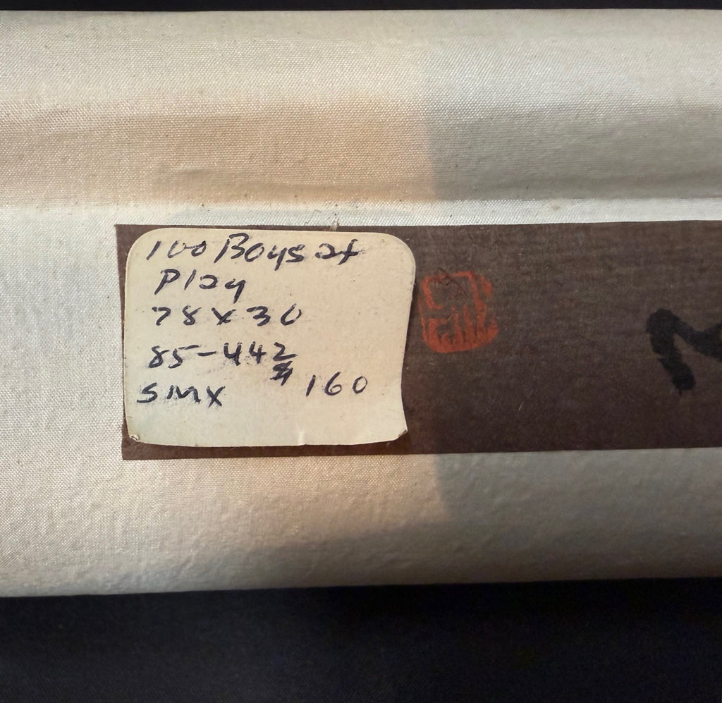CHINESE ONE HUNDRED BOYS HANGING SCROLL ON SILK, 20TH CENTURY WITH BOX, 30IN x 78IN (76cm x 198cm)