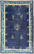MANSION ANTIQUE CHINESE ART DECO HAND-KNOTTED RUG, INDIGO FIELD, MINIMALIST OPEN DESIGN, 1920S, 12.1 x 19.6 (368cm x 594cm)