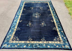 MANSION ANTIQUE CHINESE ART DECO HAND-KNOTTED RUG, INDIGO FIELD, MINIMALIST OPEN DESIGN, 1920S, 12.1 x 19.6 (368cm x 594cm)