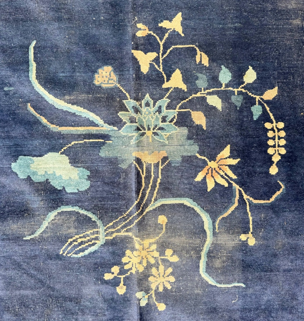 MANSION ANTIQUE CHINESE ART DECO HAND-KNOTTED RUG, INDIGO FIELD, MINIMALIST OPEN DESIGN, 1920S, 12.1 x 19.6 (368cm x 594cm)