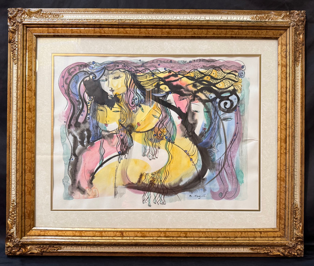 BATIA MAGAL ORIGINAL WATERCOLOR ON PAPER, SURREAL FEMININE COMPOSITION, 29IN x 34.5IN (74cm x 88cm)