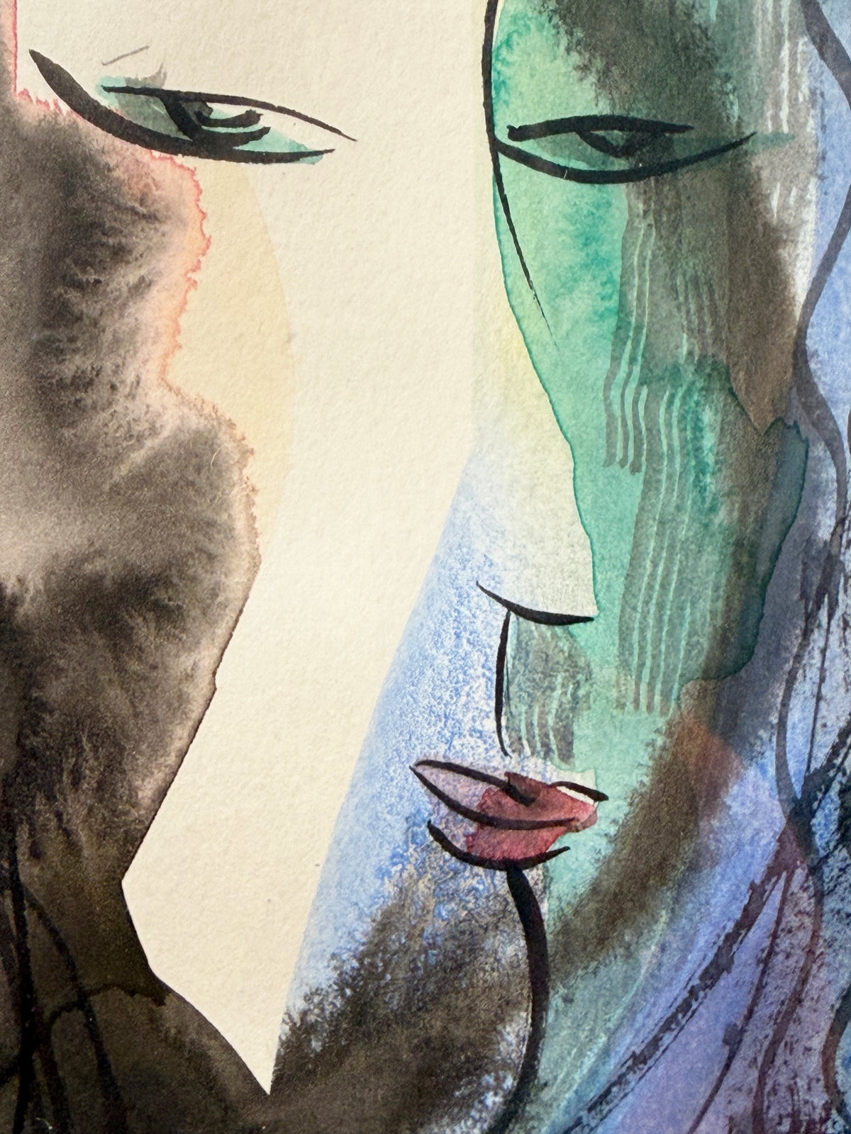BATIA MAGAL ORIGINAL WATERCOLOR ON PAPER, SURREAL FEMININE COMPOSITION, 29IN x 34.5IN (74cm x 88cm)